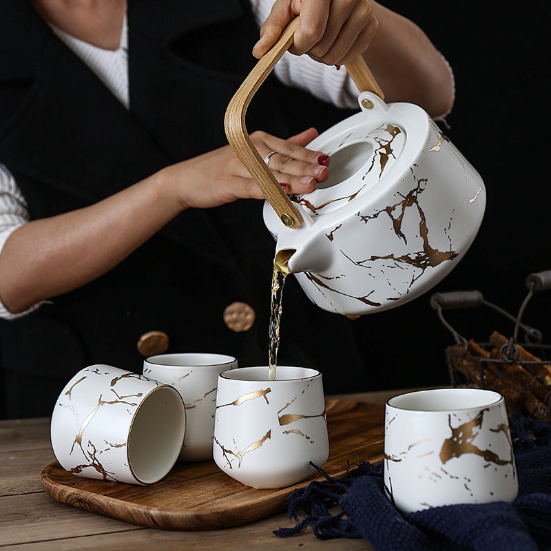 Marble Tea Set with Cups and Tea Tray | White and Gold