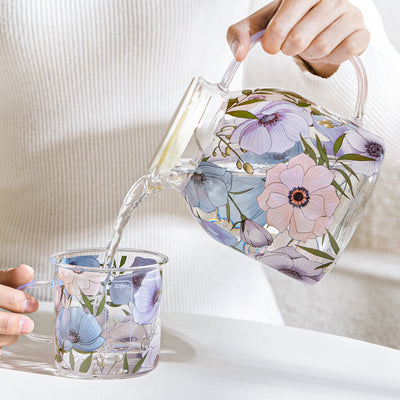 Glass - Tea Coffee Water Vintage Tall Mug Set of 2 - Floral Printed - Purple Lotus