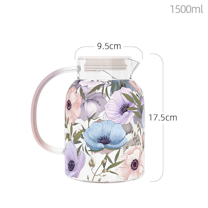 Glass - Tea Pot Kettle Set, Water Pitcher Jug - Floral Printed - Purple Lotus