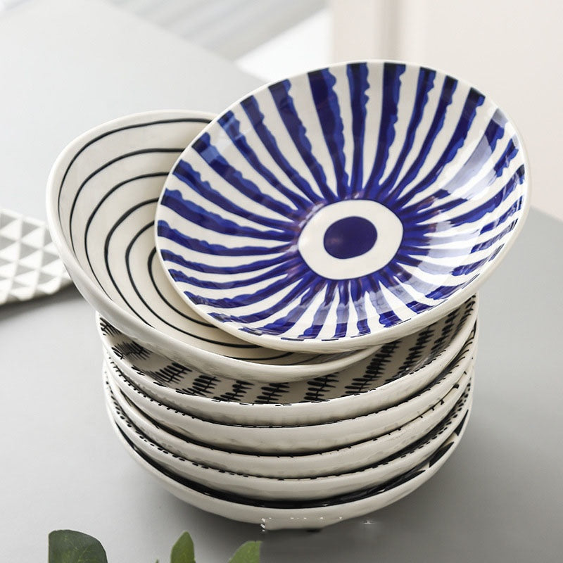 Ceramic - Nordic 7.5 Inch - Round Deep Plate - Pasta, Fruit, Salad Plate - Blue Eye