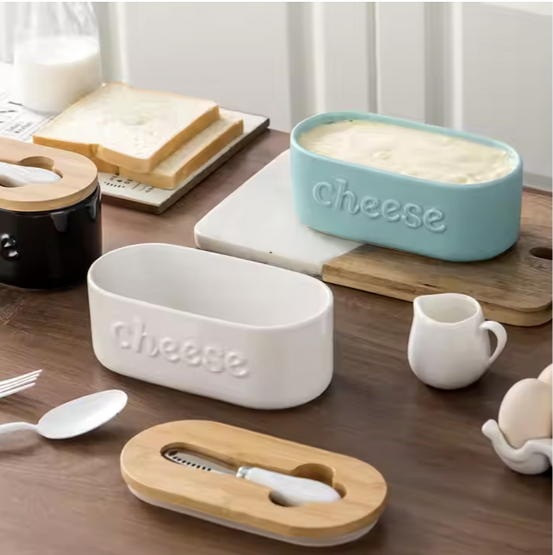 Ceramic - Container - Cheese Dish with Bamboo Lid & Knife - Double Silicone Seal - White