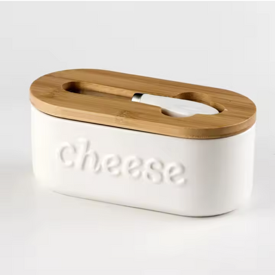 Ceramic - Container - Cheese Dish with Bamboo Lid & Knife - Double Silicone Seal - White