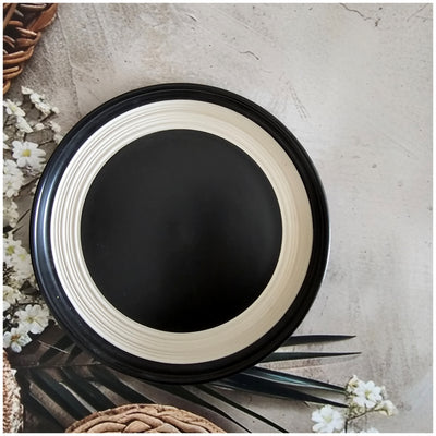 Ceramic - 8 Inch - Round Platter Plate - Ribbed - Ebony with Beige Rim