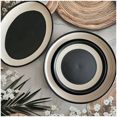 Ceramic - 8 Inch - Round Platter Plate - Ribbed - Ebony with Beige Rim