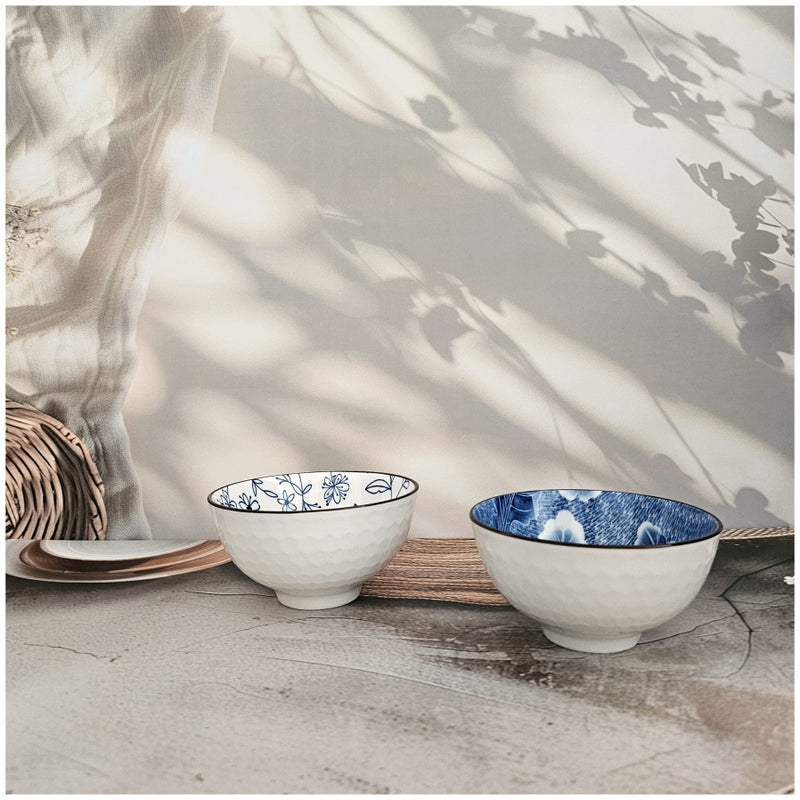 Ceramic - 2 Bowls - Gift Set - Japanese Blue Floral - Rice, Salad, Soup, Fruit Bowl 001