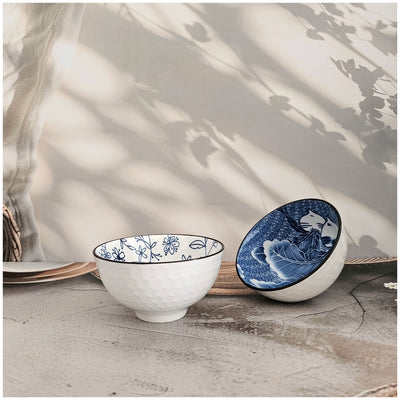 Ceramic - 2 Bowls - Gift Set - Japanese Blue Floral - Rice, Salad, Soup, Fruit Bowl 001