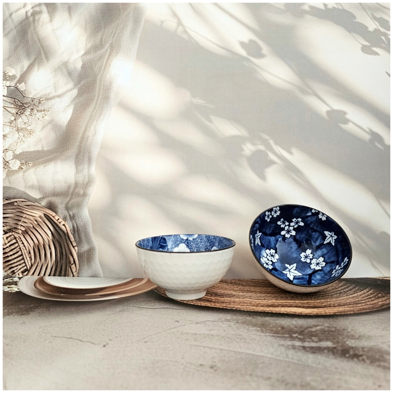 Ceramic - 2 Bowls - Gift Set - Japanese Blue Floral - Rice, Salad, Soup, Fruit Bowl 002