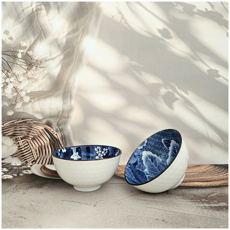 Ceramic - 2 Bowls - Gift Set - Japanese Blue Floral - Rice, Salad, Soup, Fruit Bowl 002