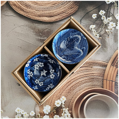 Ceramic - 2 Bowls - Gift Set - Japanese Blue Floral - Rice, Salad, Soup, Fruit Bowl 002