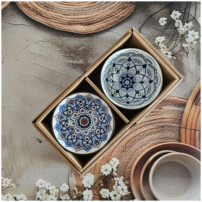 Ceramic - 2 Bowls - Gift Set - Moroccan Blue Floral - Rice, Salad, Soup, Fruit Bowl 004