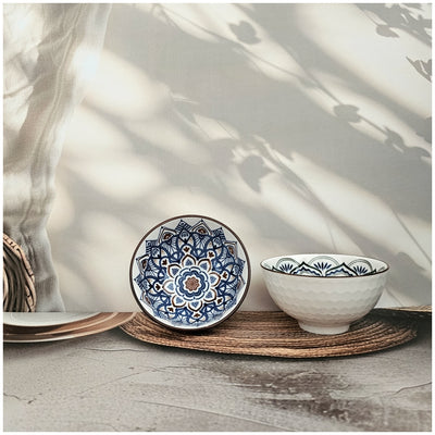 Ceramic - 2 Bowls - Gift Set - Moroccan Blue Floral - Rice, Salad, Soup, Fruit Bowl 004