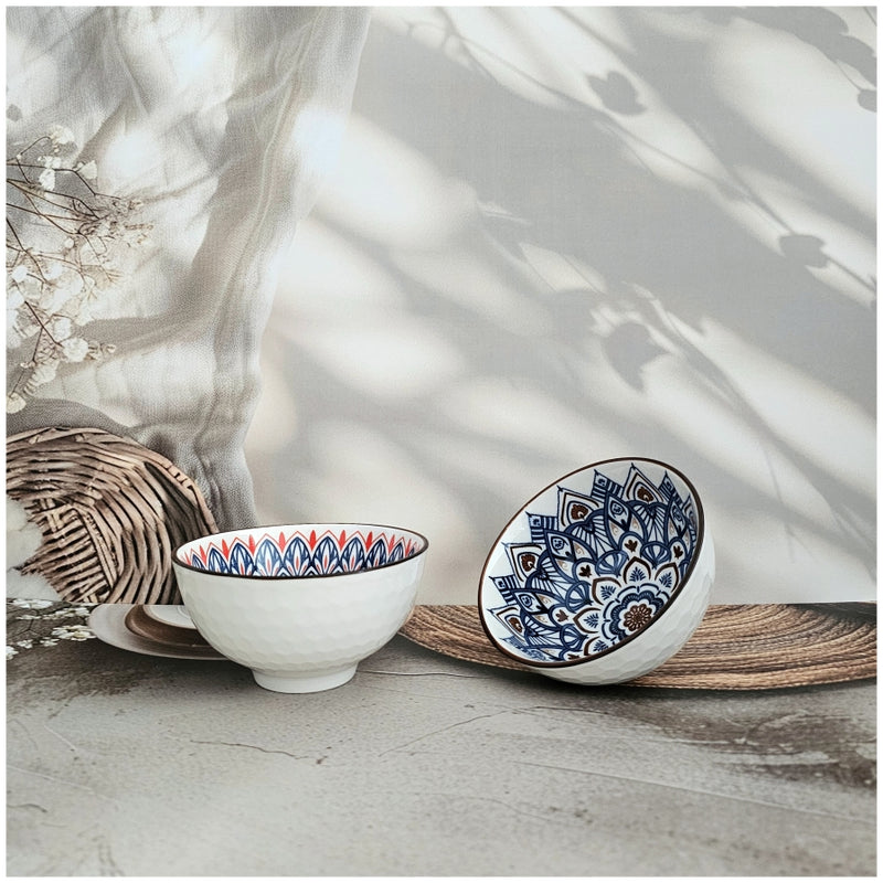 Ceramic - 2 Bowls - Gift Set - Moroccan Orange Blue Floral - Rice, Salad, Soup, Fruit Bowl 005