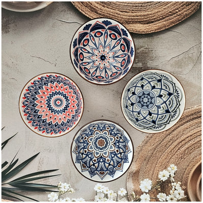 Ceramic - 4 Bowls - Gift Set - Moroccan Orange Blue Floral - Rice, Salad, Soup, Fruit Bowl 004