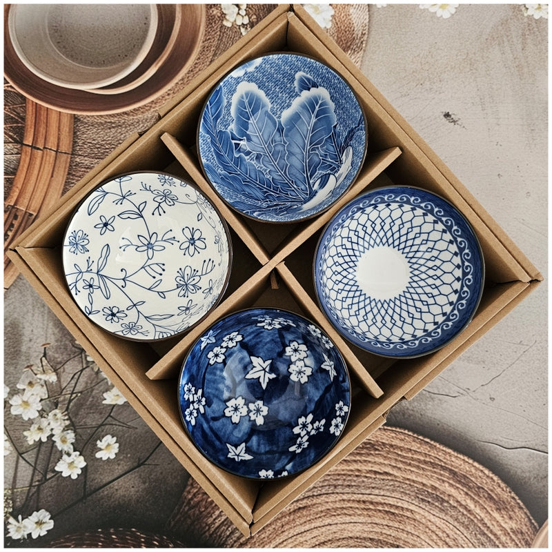 Ceramic - 4 Bowls - Gift Set - Japanese Blue Floral - Rice, Salad, Soup, Fruit Bowl