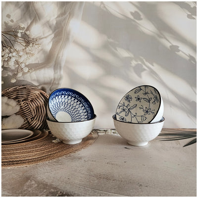 Ceramic - 4 Bowls - Gift Set - Japanese Blue Floral - Rice, Salad, Soup, Fruit Bowl