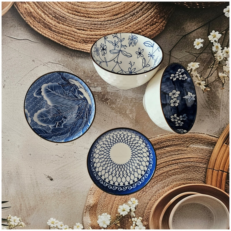 Ceramic - 4 Bowls - Gift Set - Japanese Blue Floral - Rice, Salad, Soup, Fruit Bowl