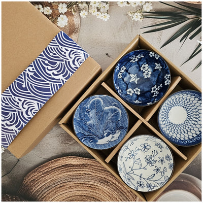 Ceramic - 4 Bowls - Gift Set - Japanese Blue Floral - Rice, Salad, Soup, Fruit Bowl