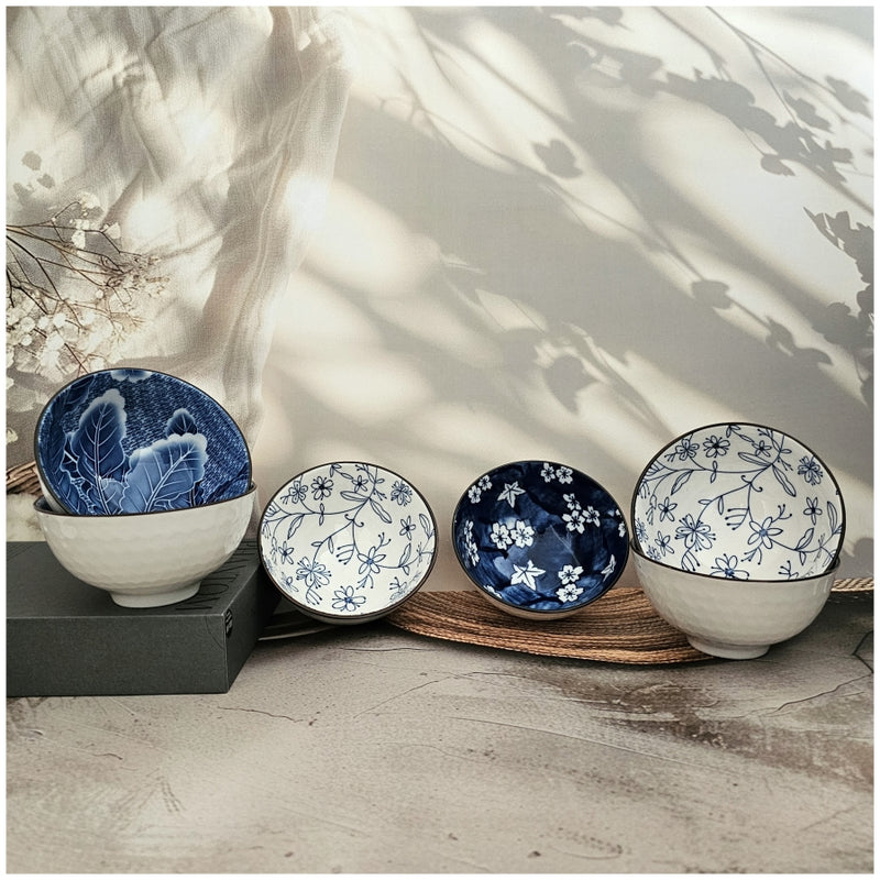 Ceramic - 6 Bowls - Gift Set - Japanese Blue Floral - Rice, Salad, Soup, Fruit Bowl 102