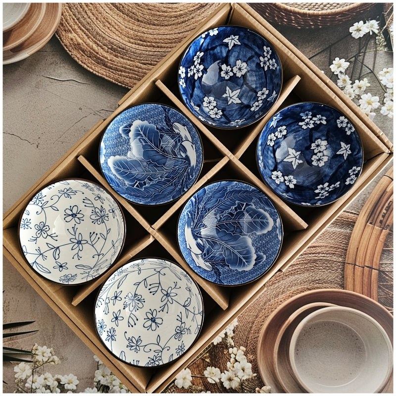 Ceramic - 6 Bowls - Gift Set - Japanese Blue Floral - Rice, Salad, Soup, Fruit Bowl 102