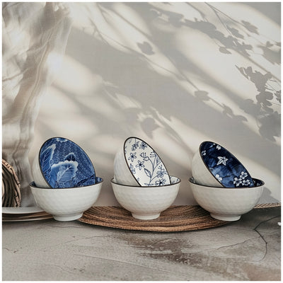 Ceramic - 6 Bowls - Gift Set - Japanese Blue Floral - Rice, Salad, Soup, Fruit Bowl 102