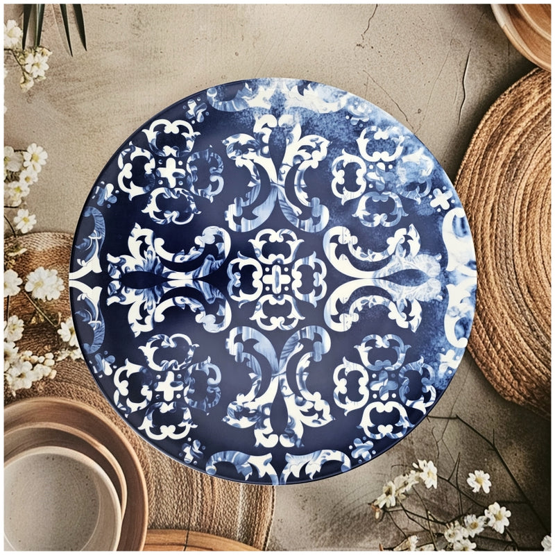 Ceramic - 12 Inch - Round Platter with 2 Dip Bowls - Vintage Moroccan Blue