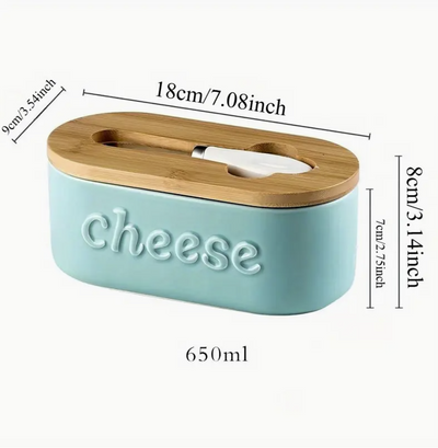 Ceramic - Container - Cheese Dish with Bamboo Lid & Knife - Double Silicone Seal - Green