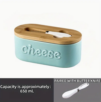 Ceramic - Container - Cheese Dish with Bamboo Lid & Knife - Double Silicone Seal - Green