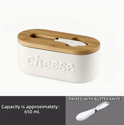 Ceramic - Container - Cheese Dish with Bamboo Lid & Knife - Double Silicone Seal - White