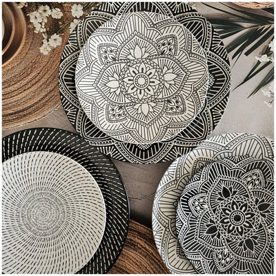 Ceramic - Round Dinner & Quarter Plate - Platter Set S2 - Embossed Mandala Ebony