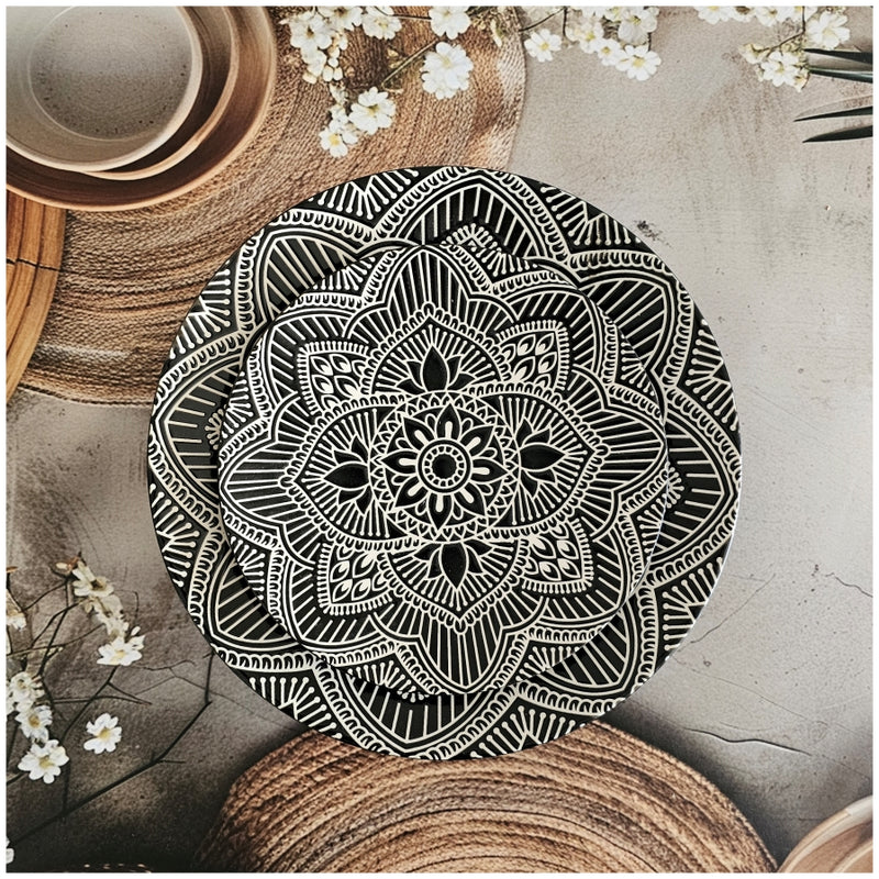 Ceramic - Round Dinner & Quarter Plate - Platter Set S2 - Embossed Mandala Ebony