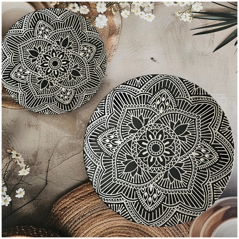 Ceramic - Round Dinner & Quarter Plate - Platter Set S2 - Embossed Mandala Ebony