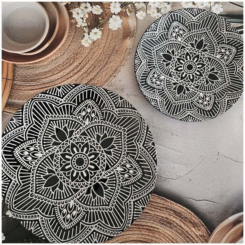 Ceramic - Round Dinner & Quarter Plate - Platter Set S2 - Embossed Mandala Ebony