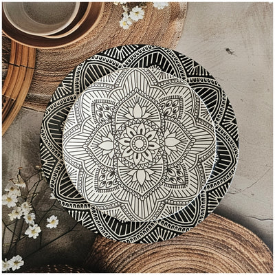 Ceramic - Round Dinner & Quarter Plate - Platter Set S2 - Embossed Mandala Ebony & Ivory