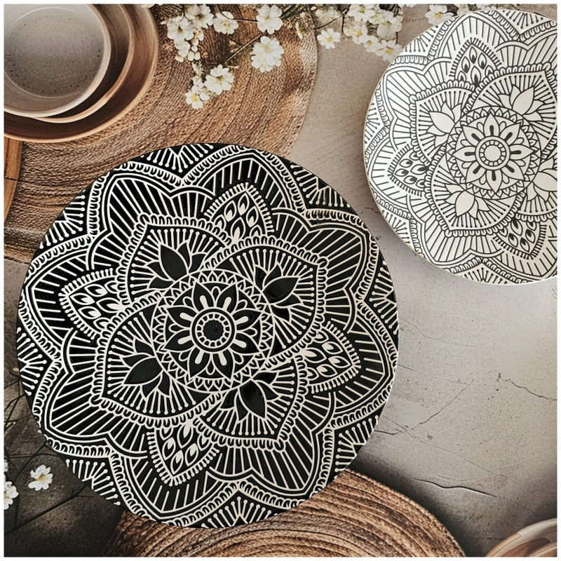 Ceramic - Round Dinner & Quarter Plate - Platter Set S2 - Embossed Mandala Ebony & Ivory