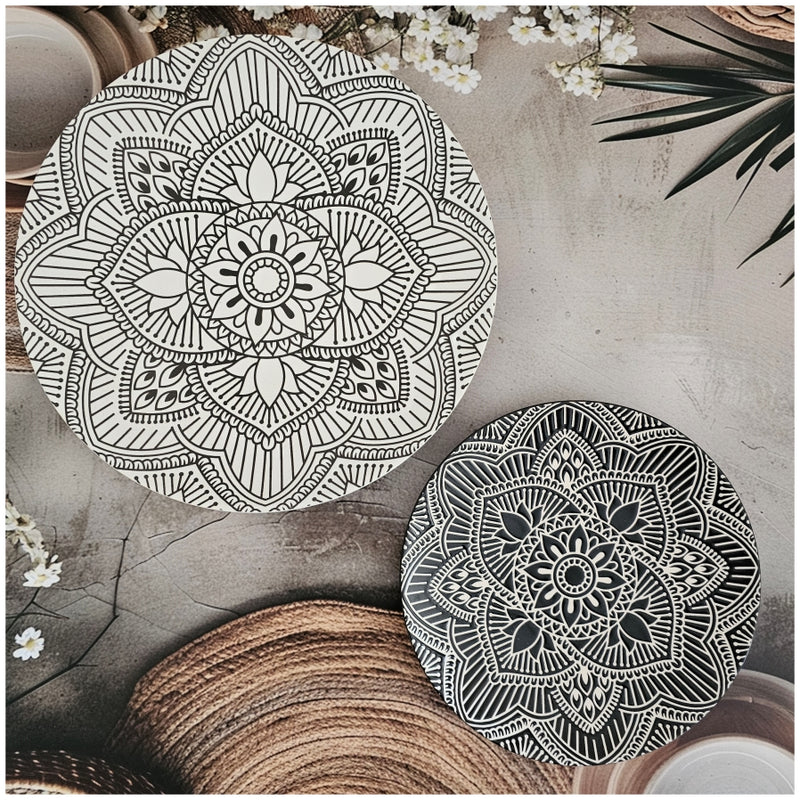 Ceramic - Round Dinner & Quarter Plate - Platter Set S2 - Embossed Mandala Ivory & Ebony