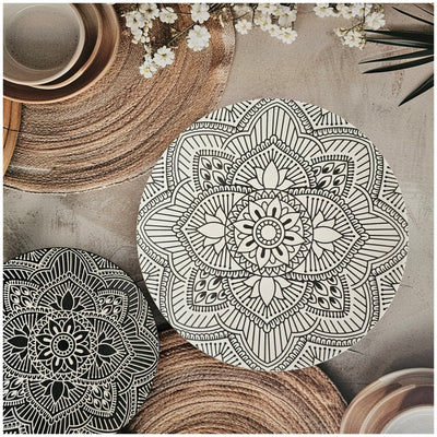 Ceramic - Round Dinner & Quarter Plate - Platter Set S2 - Embossed Mandala Ivory & Ebony