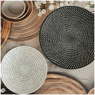 Ceramic - Round Dinner & Quarter Plate - Platter Set S2 - Embossed Raindrop Ebony & Ivory