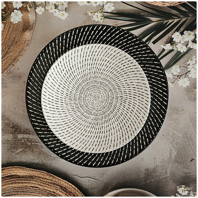 Ceramic - Round Dinner & Quarter Plate - Platter Set S2 - Embossed Raindrop Ebony & Ivory