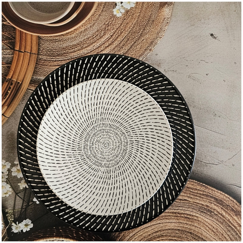 Ceramic - Round Dinner & Quarter Plate - Platter Set S2 - Embossed Raindrop Ebony & Ivory