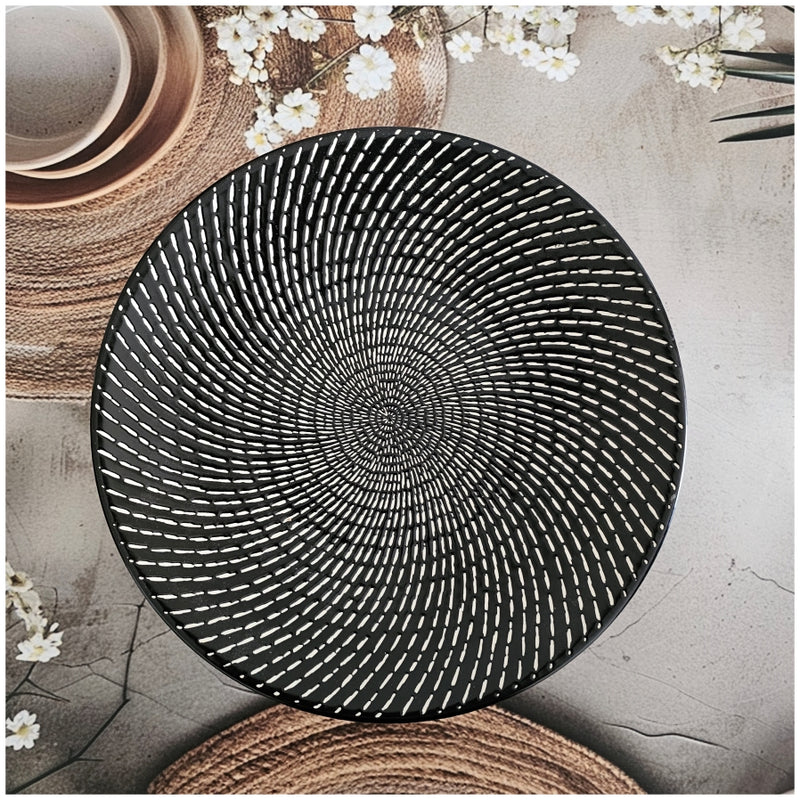 Ceramic - Round Dinner & Quarter Plate - Platter Set S2 - Embossed Raindrop Ebony & Ivory