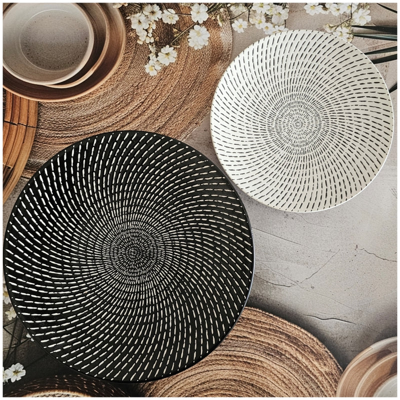 Ceramic - Round Dinner & Quarter Plate - Platter Set S2 - Embossed Raindrop Ebony & Ivory