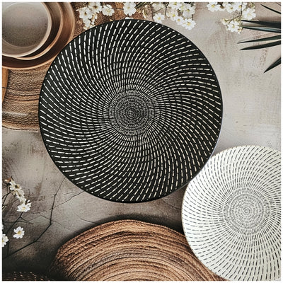 Ceramic - Round Dinner & Quarter Plate - Platter Set S2 - Embossed Raindrop Ebony & Ivory