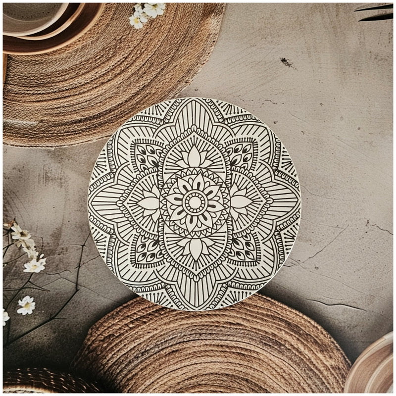 Ceramic - Round Dinner & Quarter Plate - Platter Set S2 - Embossed Mandala Ivory