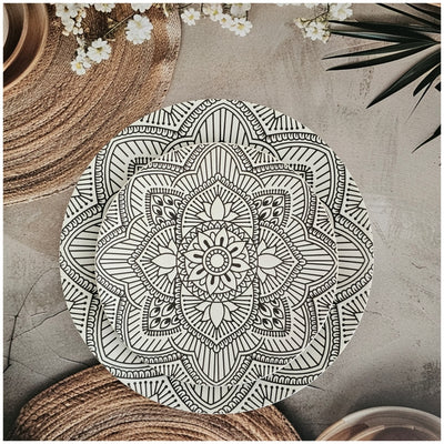 Ceramic - Round Dinner & Quarter Plate - Platter Set S2 - Embossed Mandala Ivory