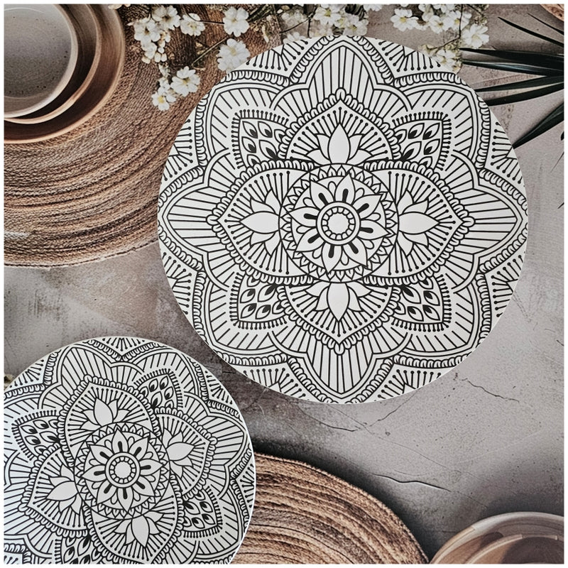 Ceramic - Round Dinner & Quarter Plate - Platter Set S2 - Embossed Mandala Ivory