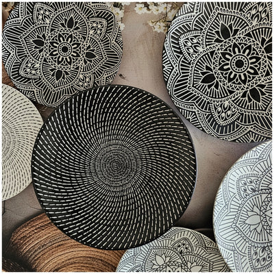 Ceramic - Round Dinner & Quarter Plate - Platter Set S2 - Embossed Mandala Ebony