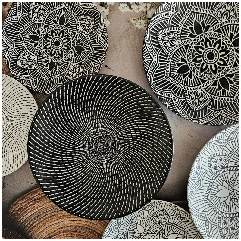 Ceramic - Round Dinner & Quarter Plate - Platter Set S2 - Embossed Mandala Ivory & Ebony