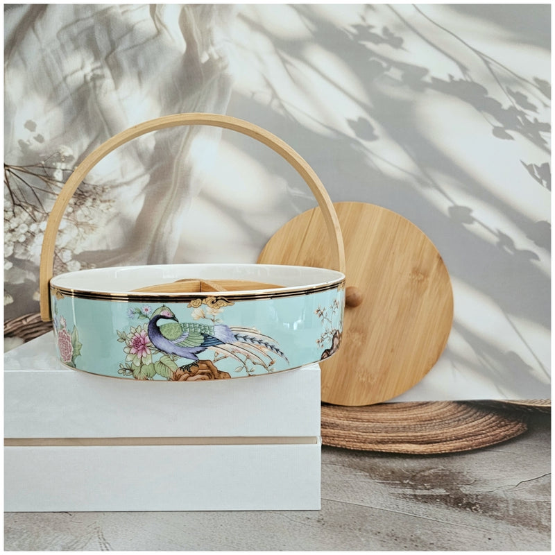 Ceramic - Snack Bowl with Bamboo Lid (Round) - Vintage Floral Blue