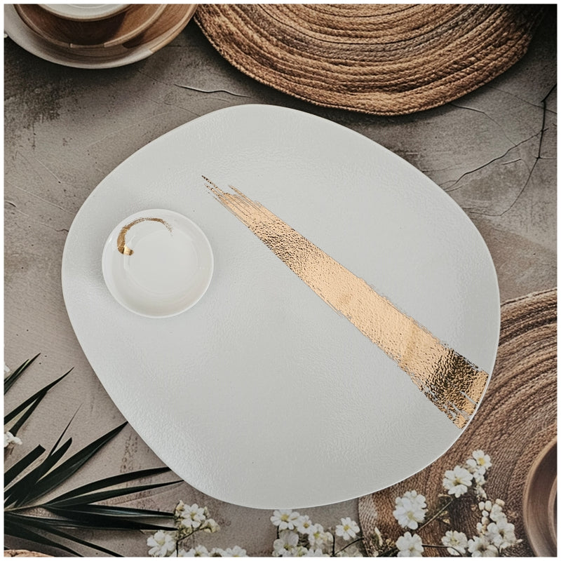 Ceramic - 13.25 Inch - Oblong Platter with 2 Dip Bowls - Ivory Gold Paint Brush