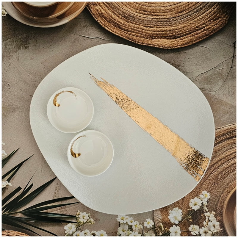 Ceramic - 13.25 Inch - Oblong Platter with 2 Dip Bowls - Ivory Gold Paint Brush